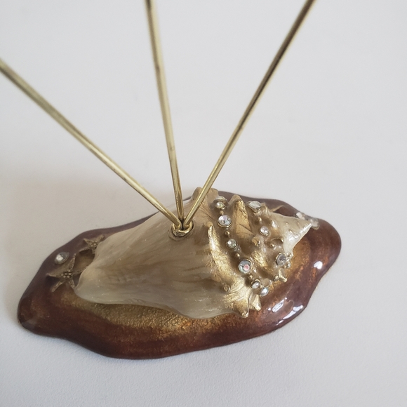 #Seashell Enamel Rhinestone Photo Card Holder Gold Tone Wire Ring - Picture 14 of 15